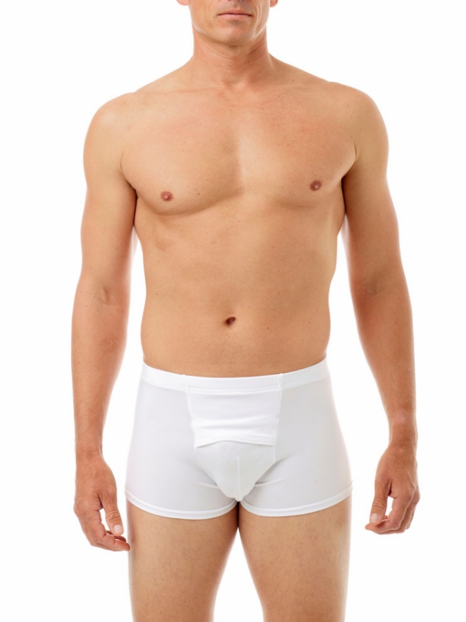 Front view of Underworks Men Microfiber Compression Boxers in white, featuring snug microfiber nylon spandex fabric, fly opening, special pouch crotch for scrotal support, and light compression for inguinal hernia prevention. Made in USA. Shop now