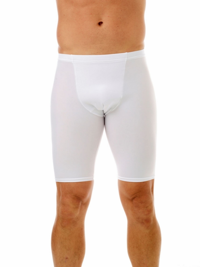 White microfiber compression shorts on male model, front view, showing waistband and cotton-lined panel