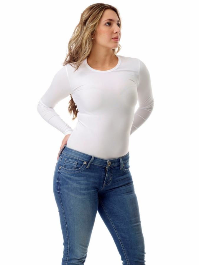 Front view of a women’s long‑sleeve microfiber compression top with crew neckline in white