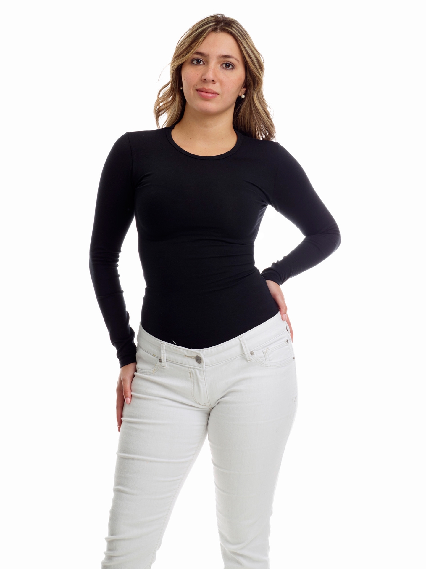 Underworks Womens Ultra Light Cotton Spandex Compression Crew Neck Top Long  Sleeves - Black - XS