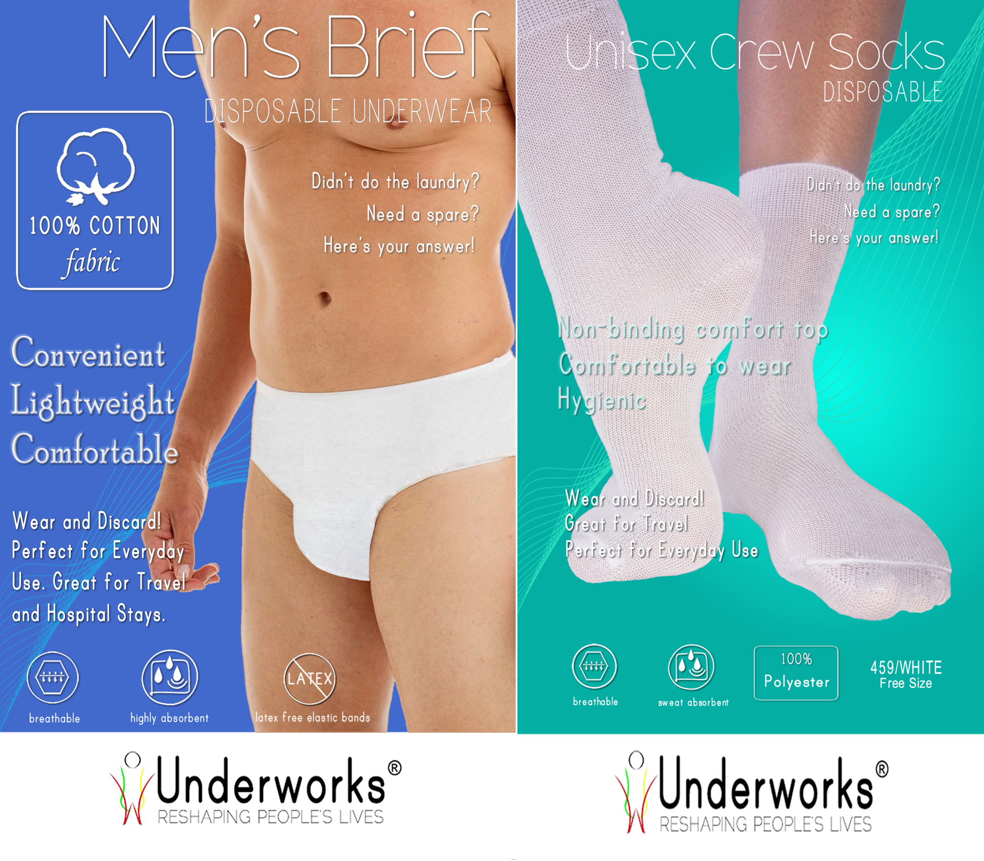 Underworks Underworks Combo - Men's Briefs and Crew Socks -10-Pack of Men's  Disposable 100% Cotton Underwear and 10-Pack of Disposable Crew Socks 
