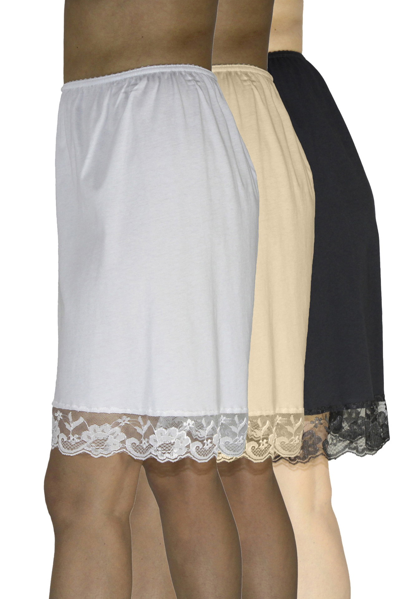 Underworks Pettipants Cotton Knit Culotte Slip Bloomers Split Skirt 9-inch  Inseam 3-Pack - White-Beige-Black - S