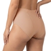 Right side profile of beige Vulvar Varicosity Support Brief showing smooth stretch fabric and groin compression for lymphedema and pelvic stability