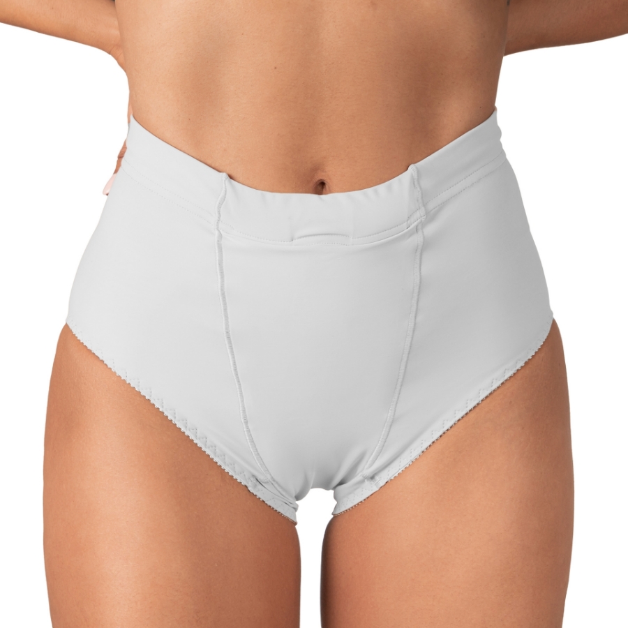 Front view of white Vulvar Varicosities and Prolapse Support Brief with built-in groin compression bands for pregnancy and pelvic floor relief