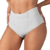 Left side profile of white supportive brief showing groin compression bands and adjustable drawcord waistband for vulvar varicosities and hernia support