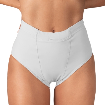 Front view of white Vulvar Varicosities and Prolapse Support Brief with built-in groin compression bands for pregnancy and pelvic floor relief